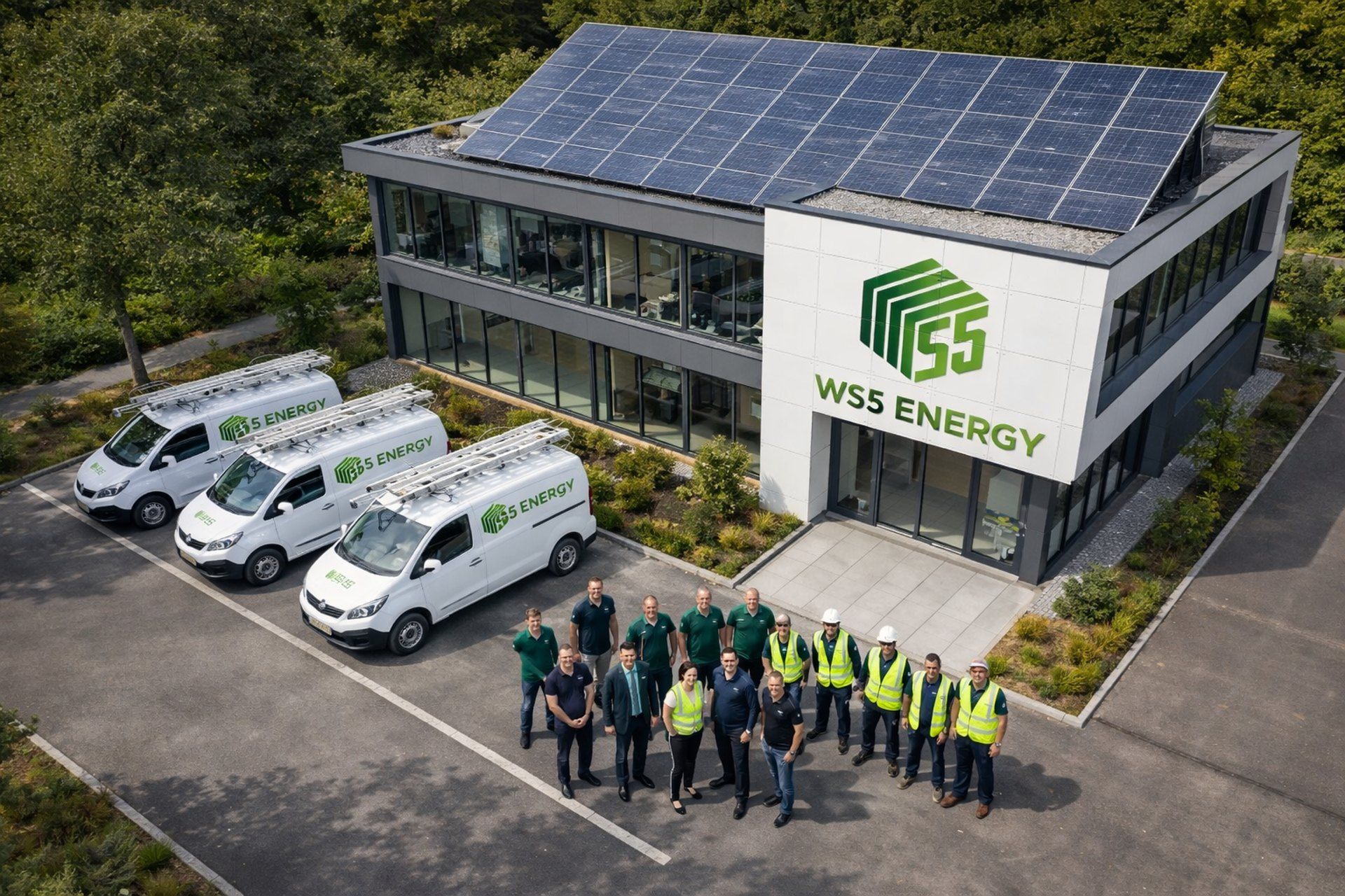 Firmengebäude der WS5 in Dinslaken mit Photovoltaikanlage, Servicefahrzeugen und Team