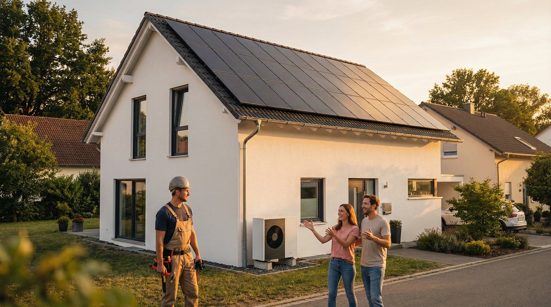 Neubau mit Photovoltaikanlage, Beratungsgespräch vor dem Haus
